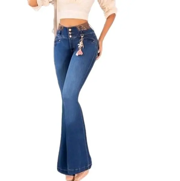 Colombian Push-Up Jeans (Ref: Libia), Mid-Blue Bell-Bottom Style, Pocketless, Abdomen-Control Design