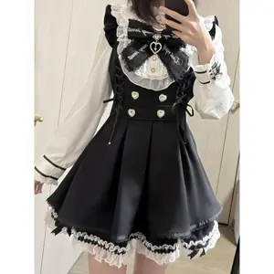 Japanese Gothic Lolita Dress Set Women Harajuku Y2k Bow Lace Ruffles Collar Mini Dresses Female Elegant Party Cute Dress