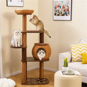 59.5" Rattan Woven Cat Tree with Cat Condo & Top Perch Multi-Level Cat Tower,  Gothic Cat Tree with Coffin Bed