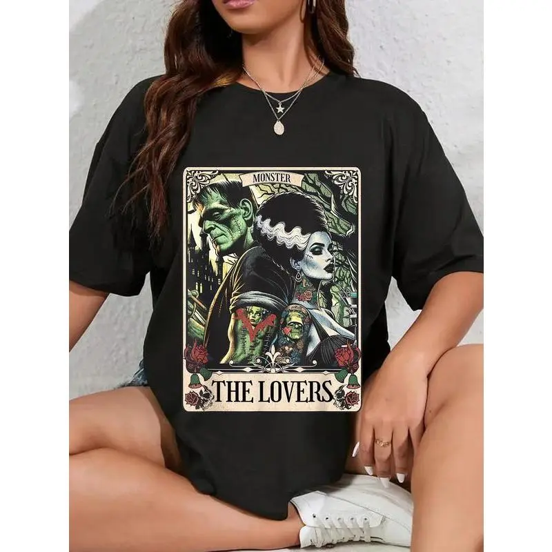 Men's 100% Cotton Unisex Casual Streetwear Top - Frankenstein Monster & Bride The Lovers Tarot Card Print Tshirt, Everyday, Graphic, Women, Halloween Shirt, Korean Style, Casual Fit, Short Sleeve