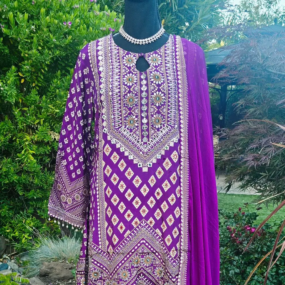 Women's print and  Mirror-Work Sharara Set, Velvet-Silk-Satin Fabric, for Indian Weddings, Sangeet Events