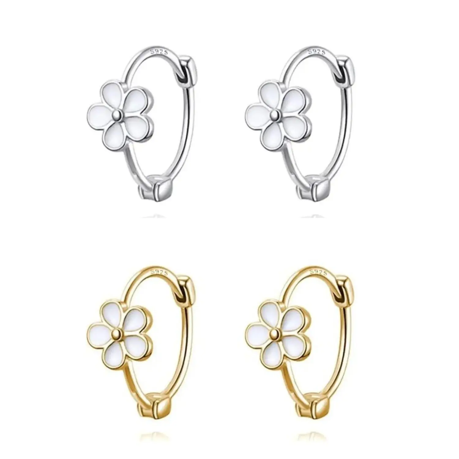 Womens Teen Girls Solid 925 Sterling Silver Daisy Flower Huggie Hoop Earrings Cartilage Helix Piercing Jewelry