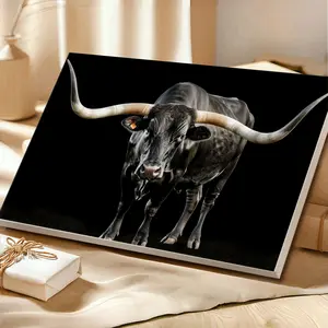 Framed Wall Art, Wrapped Canvas Poster Vintage Prints, A Bull With Large Horns Standing In The Dark, Home Living Room Bedroom Ofice Wall Decor, Birthday Party Decor, Hanging Hardware Included - Framed, Horizontal Wood Artwork Gifts Painting