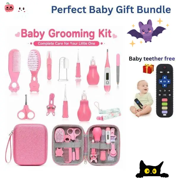 Baby Grooming Kit for Newborns, Complete Baby Healthcare Kit with Thermometer, Hair Brush, Comb, Nail Clipper & Pacifier Clip, Baby Registry Must Haves, Halloween Newborn Essentials Gift Set
