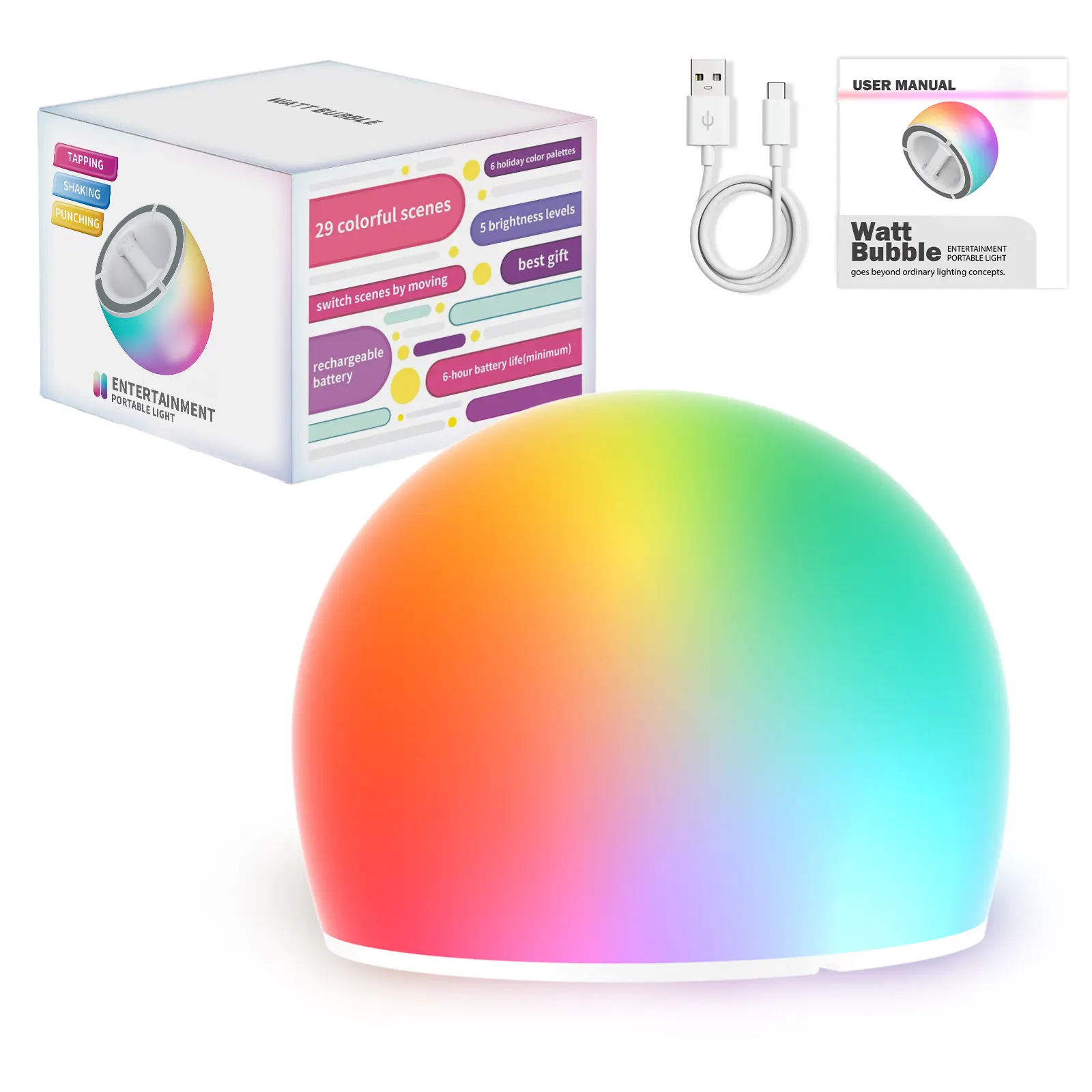 Watt Bubble Interactive LED Stress-Relief Toy  Tapable and Squeezeable Night light- 6-Inch Glowing Rechargeable LED Ball, 3 Modes, 29-Color Ambient Light, Deal For You, Perfect Gift Push Pop Kids Toys Gifts Family Pop Game
