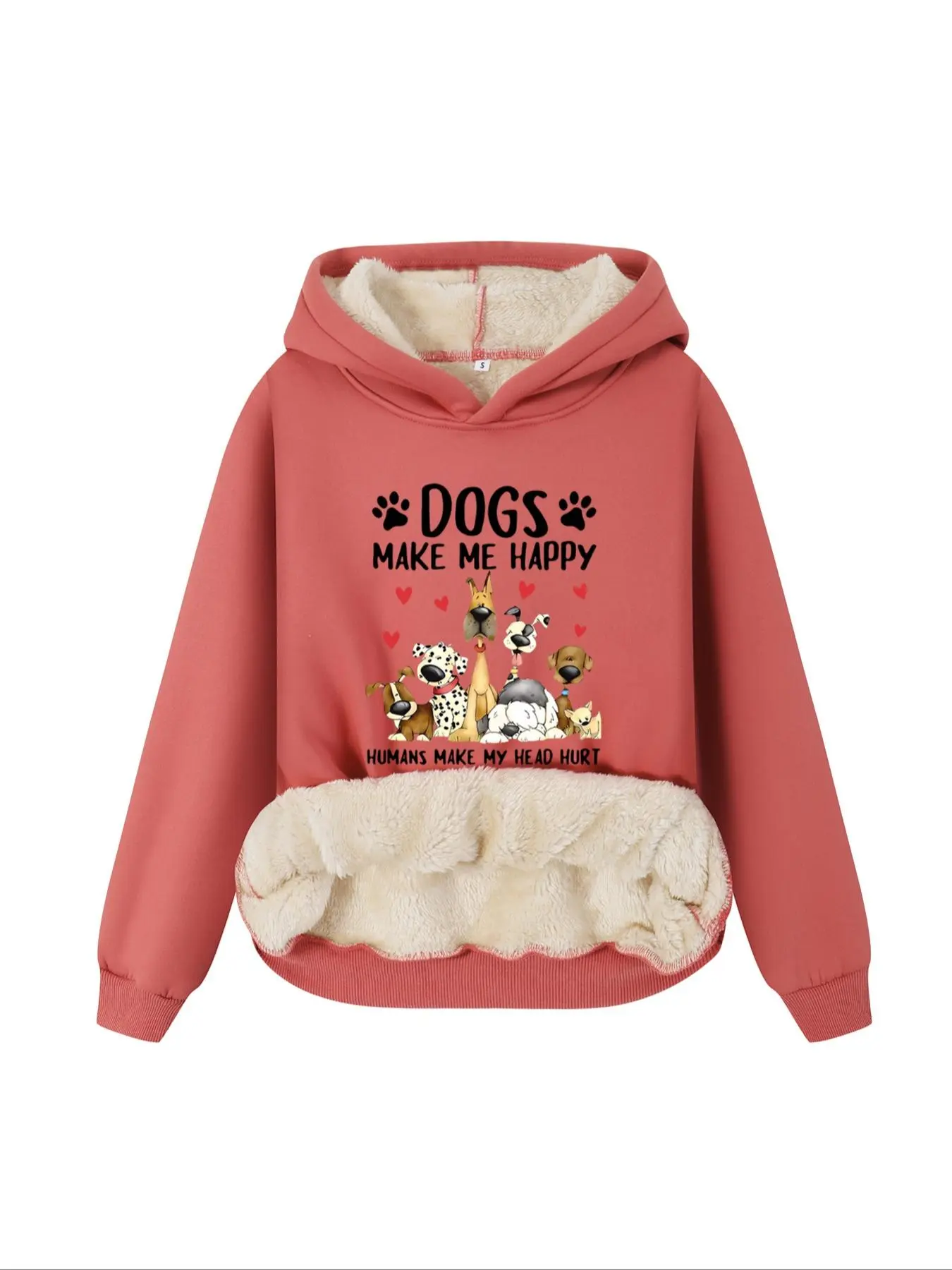 Women's Cartoon Dog & Letter Print Plush Lined Furry Paw Hoodie, Cute Casual Long Sleeve Hooded Sweatshirt for Fall & Winter, Women's Clothes for Daily Wear, Graphic Hoodies