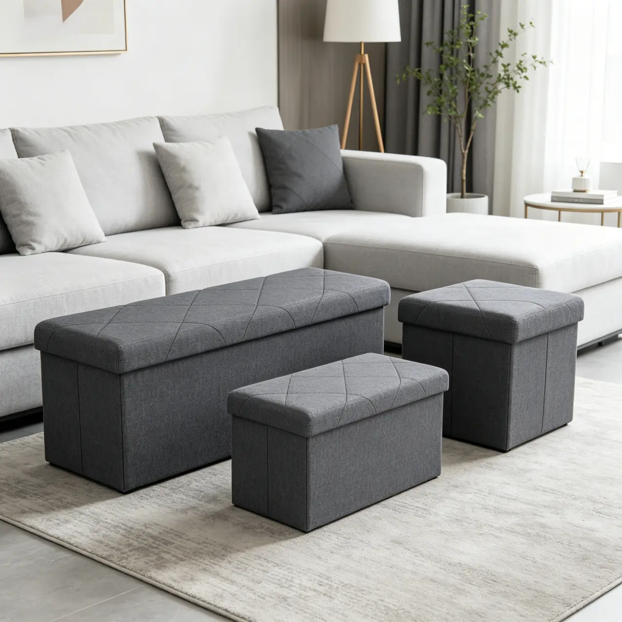 Backless Foldable Linen Fabric Sponge Indoor Storage Stool - Space-Saving Folding Footstools & Ottomans for Bedroom Footrest, Living Room Seat, Children, Seniors