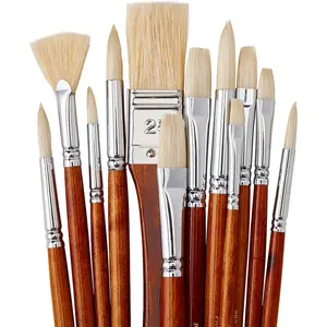 12-Piece Long Handle White Hog Hair Artist Paint Brush Set, Perfect for Acrylic Oil Gouache Watercolor, Painting Brushes Kit for Canvas & Fabric with Storage Case