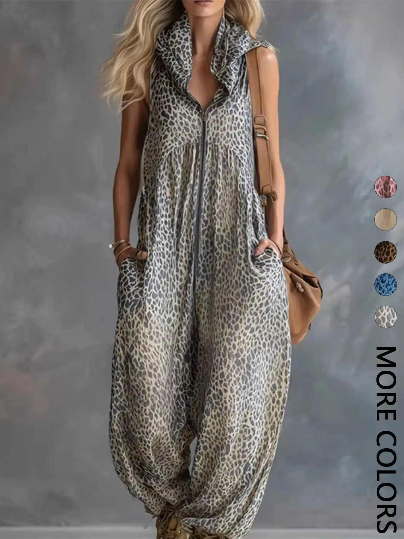 1 Piece Women's Summer Leopard Hooded Zip Up Jumpsuit, Loose Harem Streetwear Outfit