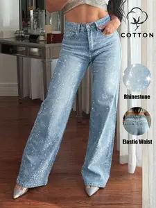 Women's Fashion High Waist Rhinestone Button Light Wash Denim Jeans Pants, Wide Leg Design for All Body Types, Perfect for Daily Commute, Dates, Streetwear