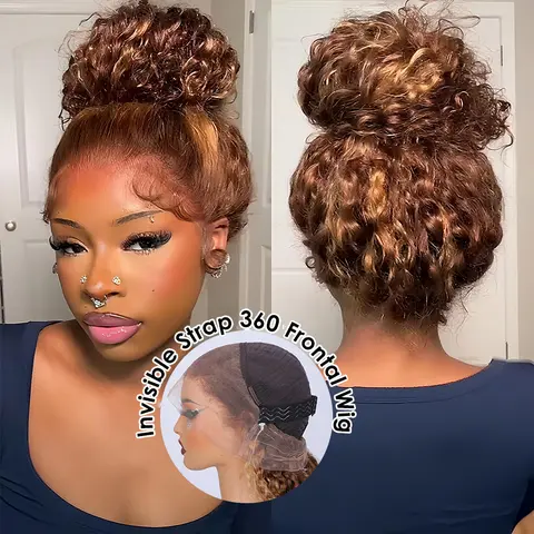 Pizazz Hair 4/27 Highlight Ombre Color 360 Full Lace Frontal Water Wave Glueless Wig With Invisi Drawstring Pre-bleached Knots  Human Hair Wig