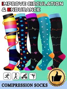 5 Pairs Of Men's and Women's Compression Socks Fit Wide Calf Men's and Women's Booster Socks for Circulation, Running, Nurses, Pregnant Women Support for Blood Circulation Various Colour Patterns Available, Casual Stylish Socks