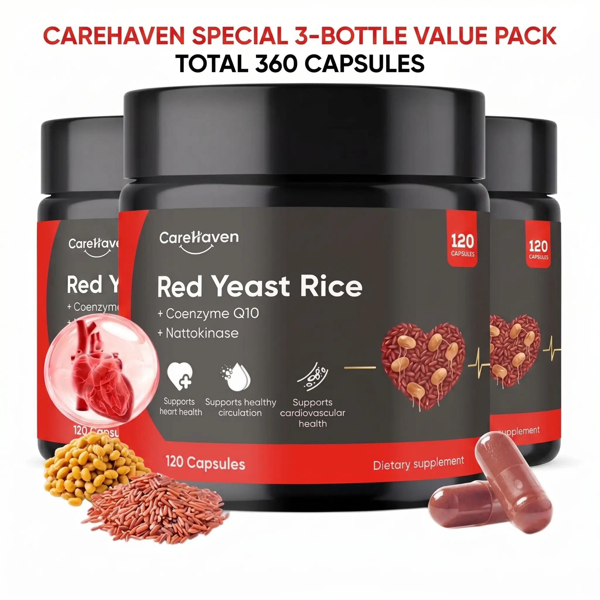 CareHaven Red Yeast Rice Dietary Supplement Capsules - Nattokinase, CoQ10, Natto Extract, 120-Count Vegetarian Halal Bottle, Extra Strength Circulation, Heart & Cholesterol Support for Adults