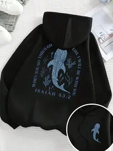 When You Go Through Waters I Will Be With You Double Print Hoodie, 270G Brushed Fleece Whale Shark Isaiah 43:2 Ocean Christian Hooded Sweatshirt, Religious Nature Aesthetic Casual Pullover For Men Women