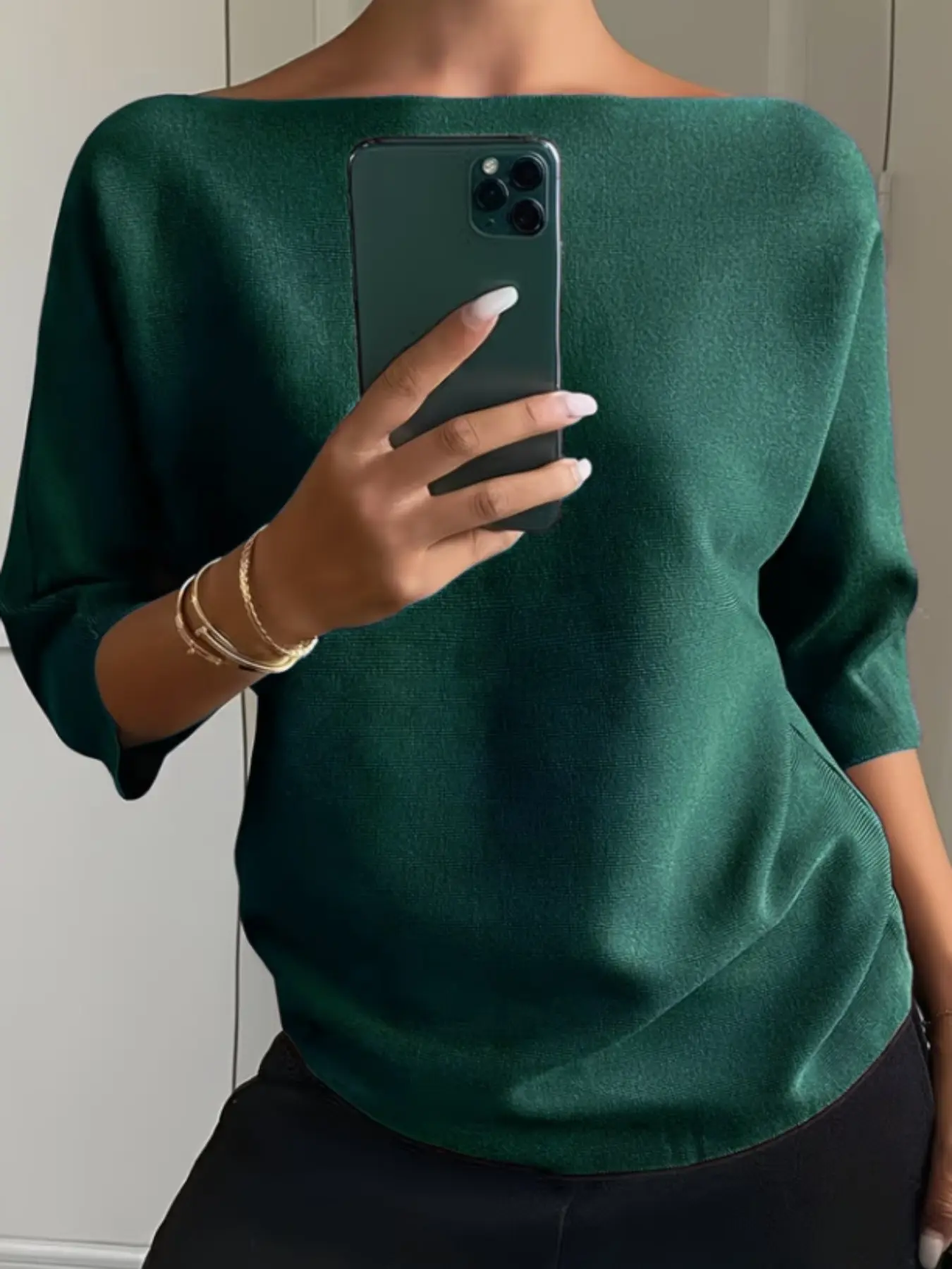 Women Boat Neck Batwing 3/4 Sleeve Knit Sweater, Loose Solid Slouchy off Shoulder Pullover, Elegant Casual Lightweight Blouse Tops