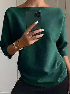 Women's Three-Quarter Sleeve Knit Pullover, Elegant Large Neckline Sweater, Versatile Casual Knitwear Solid Color Top, Spring Summer Fall Knitted Shirt
