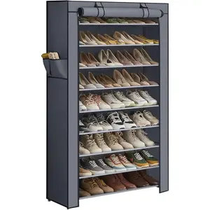 9-Tier Rectangular Plastic and Metal Freestanding Shoe Organizer with Waterproof Dust Cover, Adjustable Shelf - Multilayer Sneaker Display Rack for Closets, Entryways (Sneakers, High Heels)