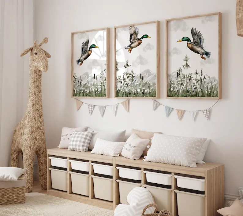 Set of 3 Mallard Duck Prints, Hunting Cart Wall Art Set, Duck Posters, Modern Art, Kids Bedroom Decor, Boy Nursery Decor, Playroom Prints