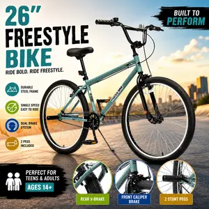26 Inch Freestyle Bike for Teens with 2 Pegs Steel Frame Single Speed BMX Bicycle Boys Girls Ages 14 Plus Street Dirt Park Stunt Bicycle Dual Brakes Caliper V Brake Casual Cruiser Youth Gift Action Outdoor