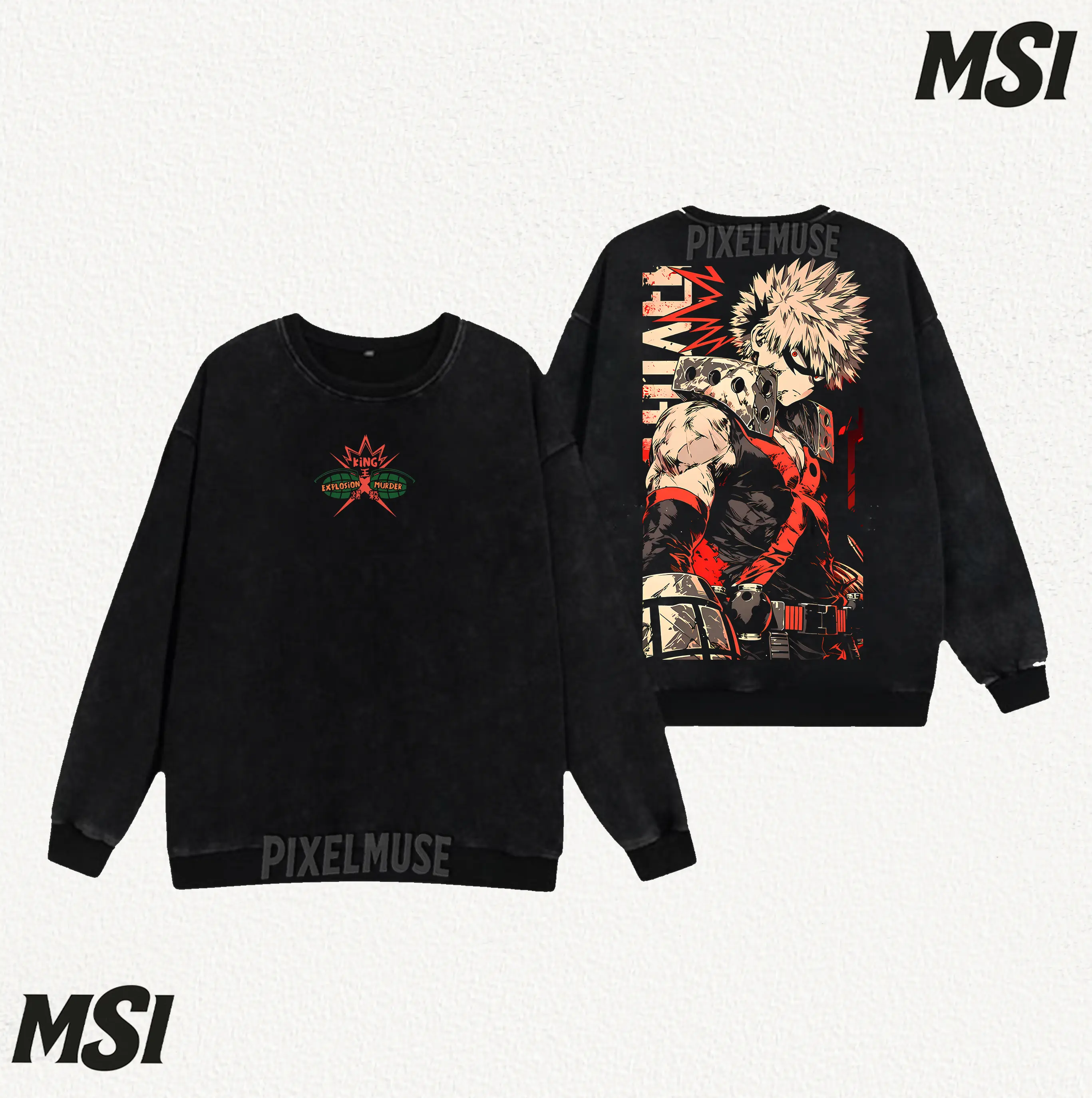 Katsuki Bakugo MHA Sweatshirt | King Explosion Murder Acid Washed Oversized Crewneck, Retro Anime Combat Bootleg Style, Heavyweight Fandom Layer.