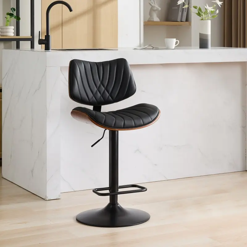[Deals For You Days]Walnut Bentwood Bar Stools Mid Century Modern Adjustable Counter Height Black Leather Upholstered 360°Swivel Bar Chairs for Kitchen Island/Dining Room/Cafe, 1 chair/1carton,Black
