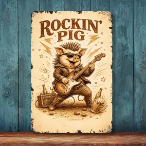 Rockin' Pig – Funny Rock Music Poster – 8x12 Inch Metal Sign for Bar, Pub, or Game Room Decor