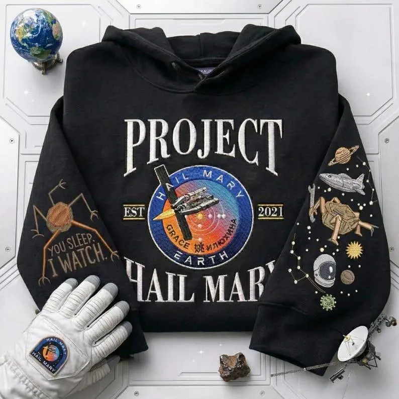 Project Hail Mary Hoodie NASA Inspired Mission Patch Graphic Sweatshirt EST 2021 Space Exploration Unisex Black