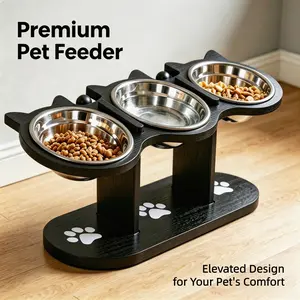 Adjustable Elevated Cat Bowls with 3 Removable Stainless Steel Bowls, Raised Wooden Cat Feeder Stand 2 Heights Adjustable, Anti-Slip Non-Skid Pet Food Water Treat Feeding Station Reduces Neck Strain for Kittens Adult Cats Multi-Cat Household