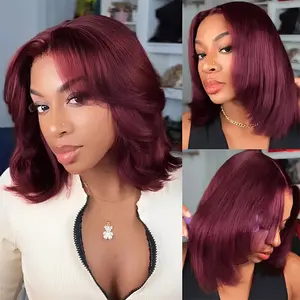 [200% Density] Wiggins Hair Glueless 99J Layered Cut Yaki Straight Bob Wig Burgundy 13*4 Lace Front Wigs Human Hair Ready To Go Pre Plucked Beginner Friendly