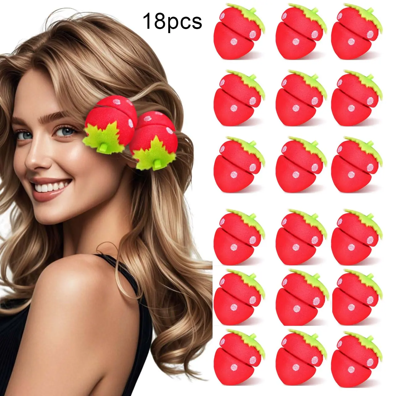 Garneck 18Pcs Strawberry Sponge Hair Rollers, No Heat Soft Sleep Hair Curlers, Night Hair Styling Tools for Women, Heatless Styling