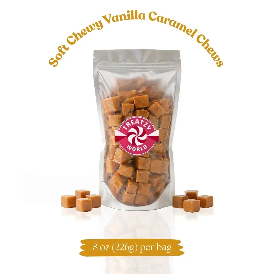 Treatzy World Salted Buttery Milk Vanilla Caramel Sugar Cubes Candy, 8oz Re-sealable Pouch, Individually Wrapped Soft Whey Protein Snacks, 12-Month Shelf Life, Room-Temp Cupboard Storage, Occasional Enjoyment