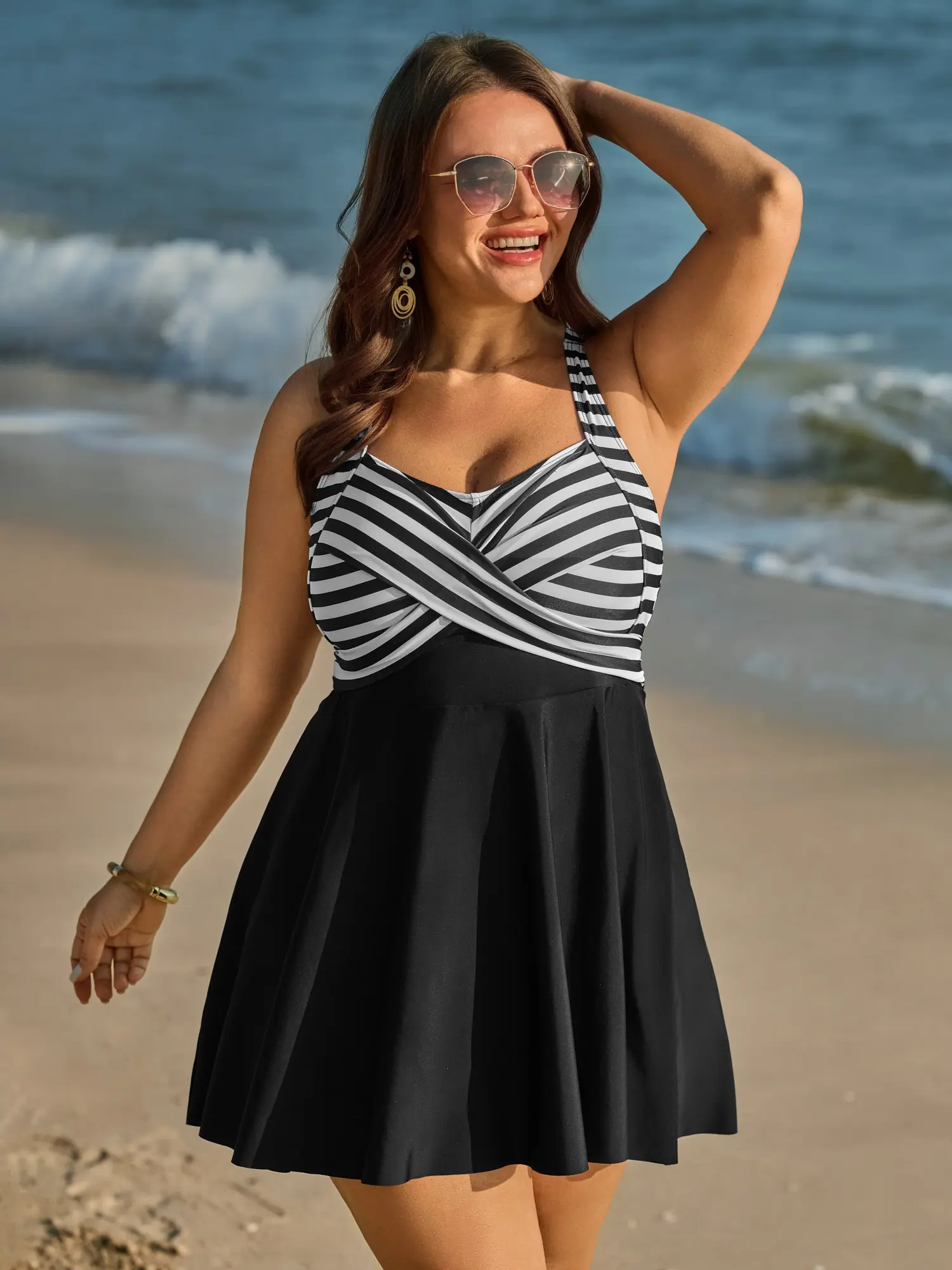 Plus Size Striped Casual Fitted Swimdress - Twist Front Tummy Control Swimsuit with Bikini Shorts, Full Coverage, Nylon Blend, Removable Cups, Full Coverage Swimsuits, Casual Fitted Swimwear