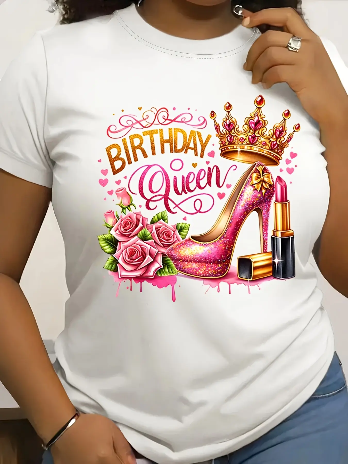Women'S White Birthday Queen Graphic T-Shirt - Golden Crown Pink Sequin High Heels Lipstick & Pink Roses Print Casual Crew Neck Medium Stretch All-Season Wear Birthday Party Attire |   Playful Print Tee |   Medium Stretch Fabric Birthday Shirts