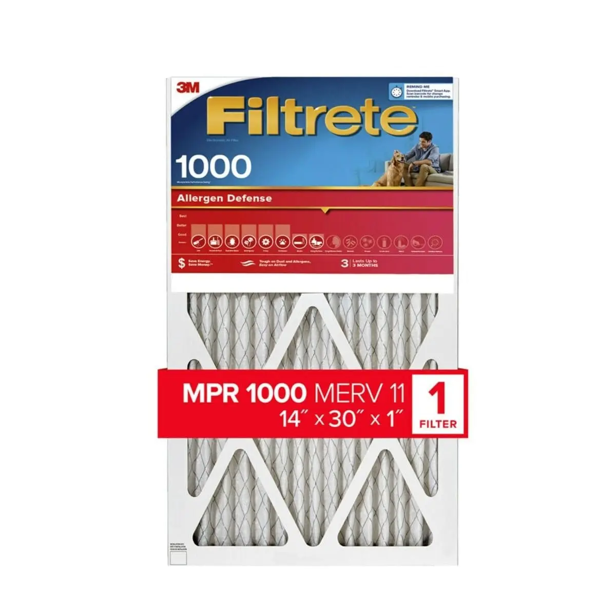 3M Filtrete 14x30x1 in Furnace Air Filter - Single, MPR 1000, Rated MERV 11, Allergen Defense, Captures Dust and Pollen, Traps Tiniest Allergens