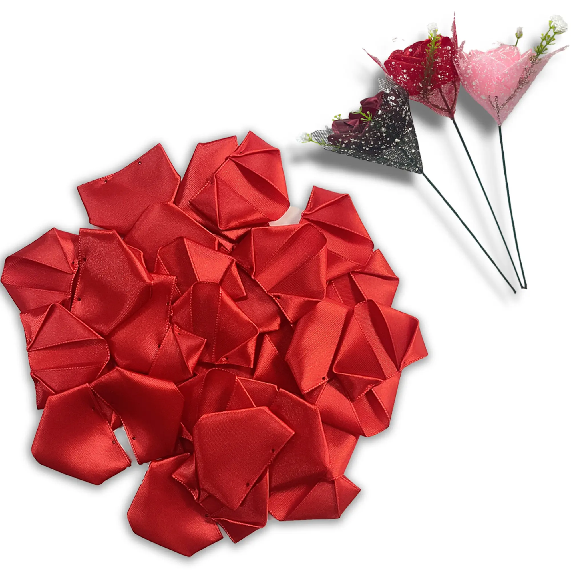 150/300Pcs Silky Satin Ribbon Rose Petals - Half-Finished Floral Artificial Flower Decorations, DIY Bouquet Arrangement Supplies for Valentines Day, Childrens Day Handcrafters, Art Deco