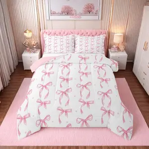 Cute Pink Bow Bedding Set,Ribbon Bow Knot Comforter Set,Kawaii Room Decor,Princess Bowknot Bed Set,Pink Bows Bedding Comforter Sets