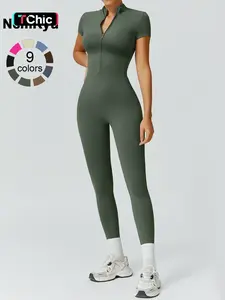 Women's High Elastic Soft Collar Half-Zip Tight Waist Tight Hip Yoga Suit Outdoor Running, Cycling, Mountaineering, Walking, Naked Body Clothes Gym Sports Training All-Match Short-Sleeved Pants Workout Jumpsuit