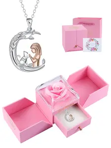 Cat and Girl Pendant Necklace With Rose Jewelry Gift Box, Cute Cat Pet Jewelry Gift for Women, Animal Jewelry for Women Daughter Birthday Gifts Fashion Necklace