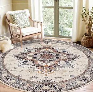 BESTSWEETIE 6ft Round Rugs & Rectangle Rugs for Dining Room, Living Room & Bedroom, Washable 6ft Round Rug, Non Slip Water Repellent Floor Carpet, Vintage Rug for Bedroom Kitchen Indoor
