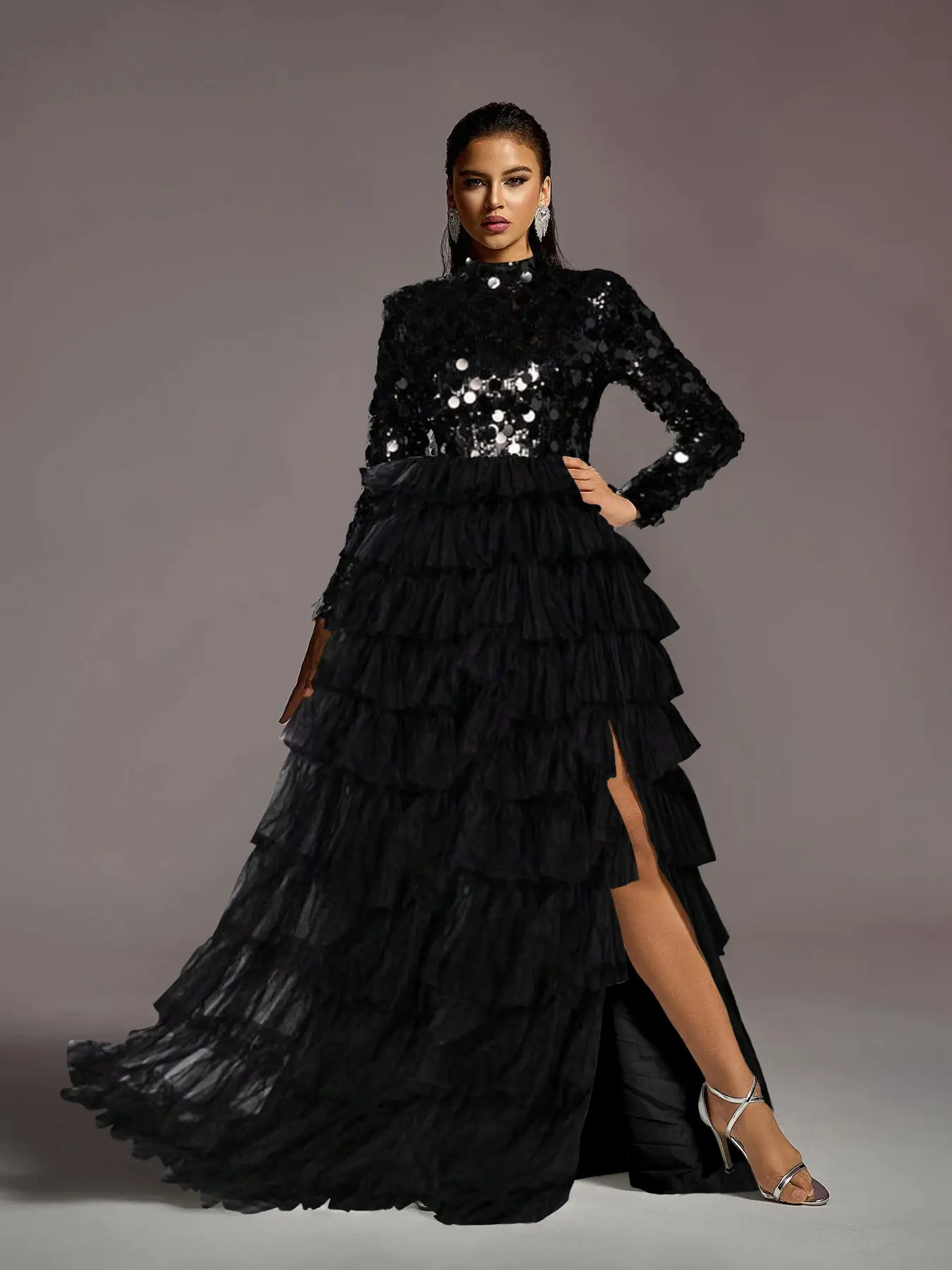 Women's Couture Sequined Formal Gown - Patchwork High-Neck, Long Sleeves, Layered Tulle Skirt with Zipper, Sparkly Formal Dress for Going Out, Anniversary Evening Events, Elegant