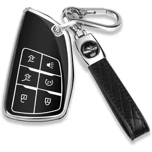 Chevy Key Fob Cover with Keychain Soft TPU Protection Case Compatible with 2021-2025 Chevy Tahoe Suburban GMC Yukon Denali Silverado 6-Buttons(Chrome Trim Black)