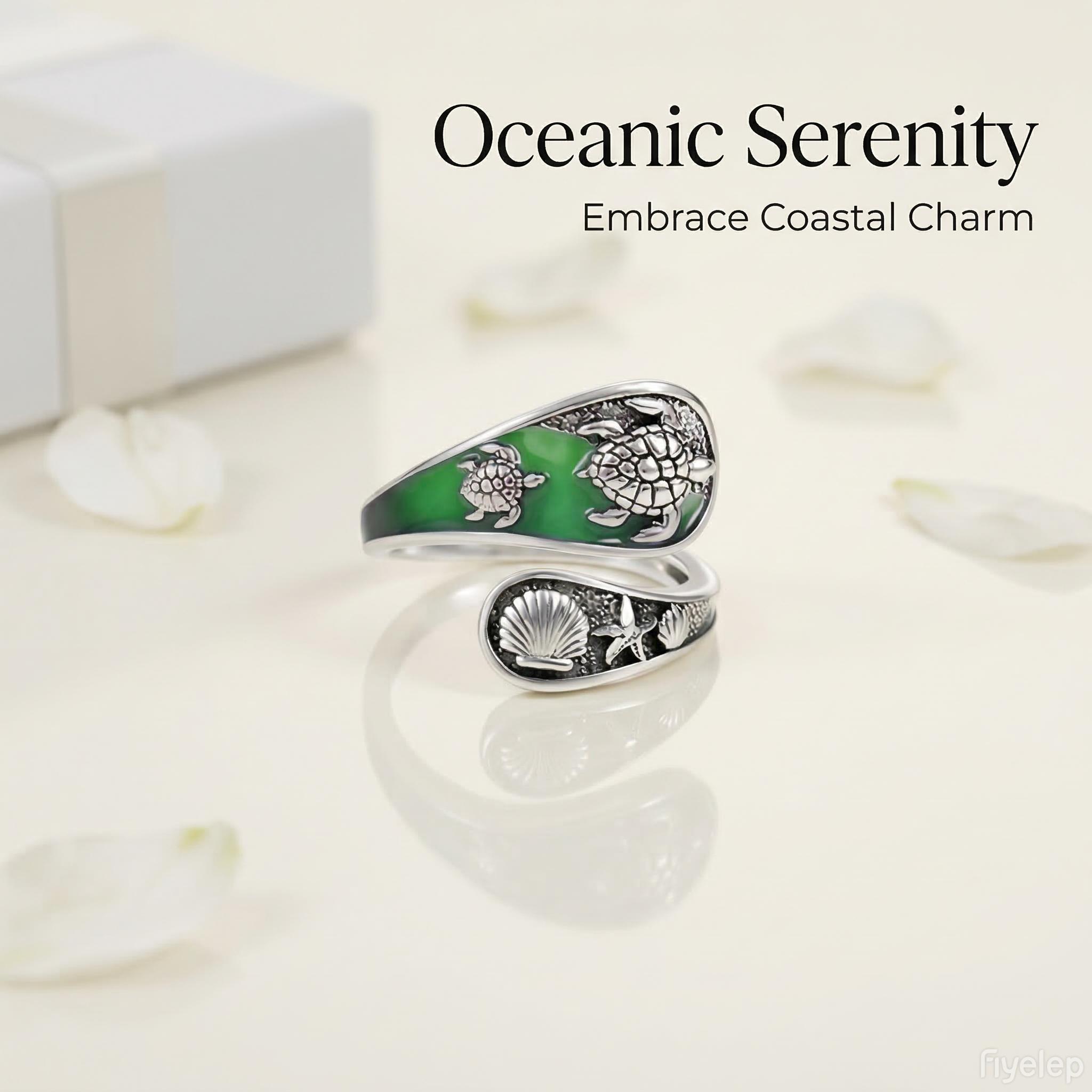 【HXS】925 Sterling Silver Sea Turtle Adjustable Ring with Green Enamel Beach Shell Starfish Ocean Jewelry Gift