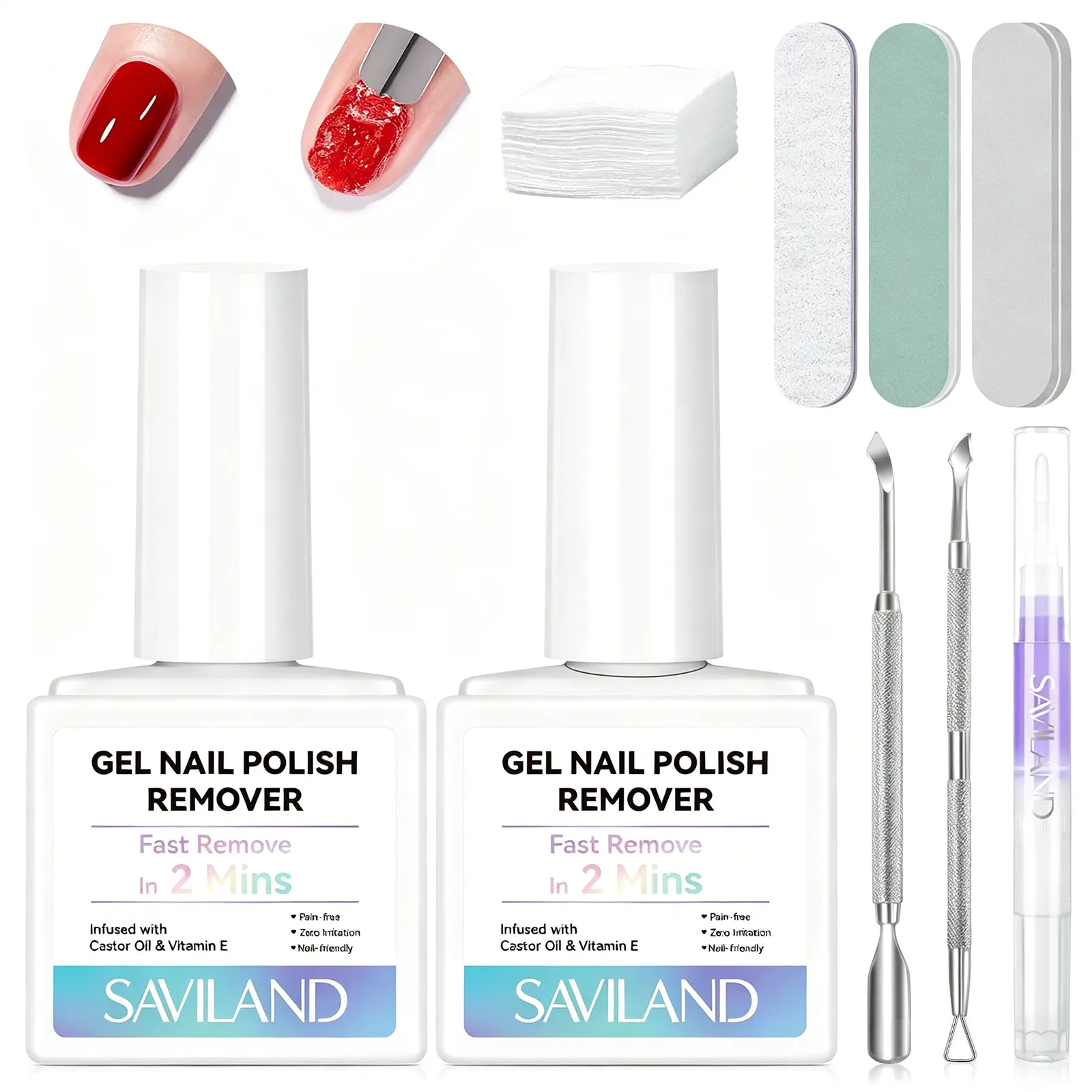 Saviland 2 Minutes Quick & Easy Gel Nail Polish Remover Kit: 2PCS Soak-off Gel Polish Remover Rich in Castor Oil & Vitamin E, with Cuticle Oil Pen Nails Tools for Nail Tips, Acrylic Dip Powder Removal Nail Care Manicure