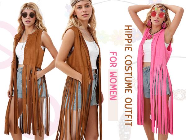 Women's Vintage 60s-70s Polyester Hippie Costume Set - Retro Fringe Vest Cowgirl Outfit with Flower-Crystal Headband, Sunglasses, Earrings, Necklace for Halloween Fancy Dress Cosplay