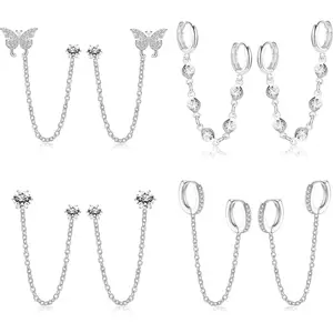 CASSIECA Women's 4-Pair Earring Stack Set, 14 Karat Gold Plated Double Piercing Jewelry with Sparkling CZ Chain, Butterfly Dangle Hoops, and Cartilage Studs for Daily Wear SummerVibes