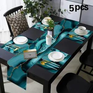 Marble Style Dining Mat Set, Heat Resistant Non-Slip Jute Table Mats, Kitchen Decorative Placemat, Abstract Blue Turquoise Gold Colors, Restaurant Party Kitchen Decor