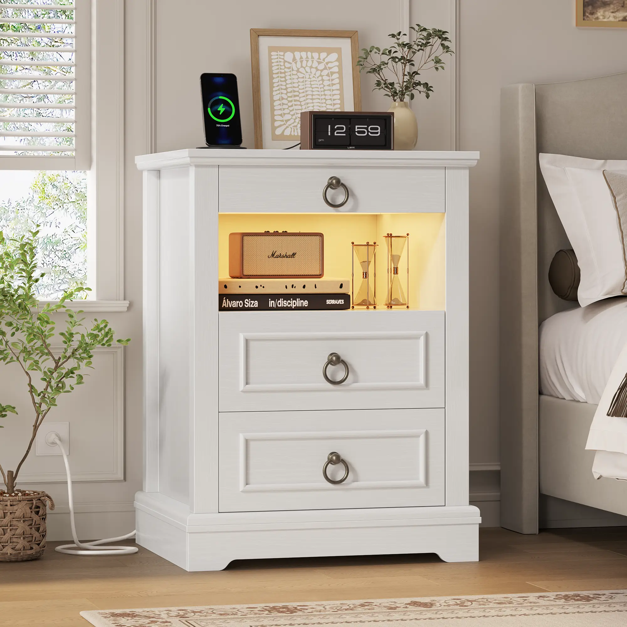 HOSTACK Smart LED Nightstand with Charging Station & USB Ports, 3-Large Drawer Wooden Modern Bedside Table with Open Shelf, Space Saving Bedroom Decor Furniture with Easy Setup, Ambient LED Lighting, Space Saving Furniture