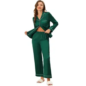 cheibear Women's Satin Button Down Lounge Tops and Pants Sleepwear Pajama Set Green Medium