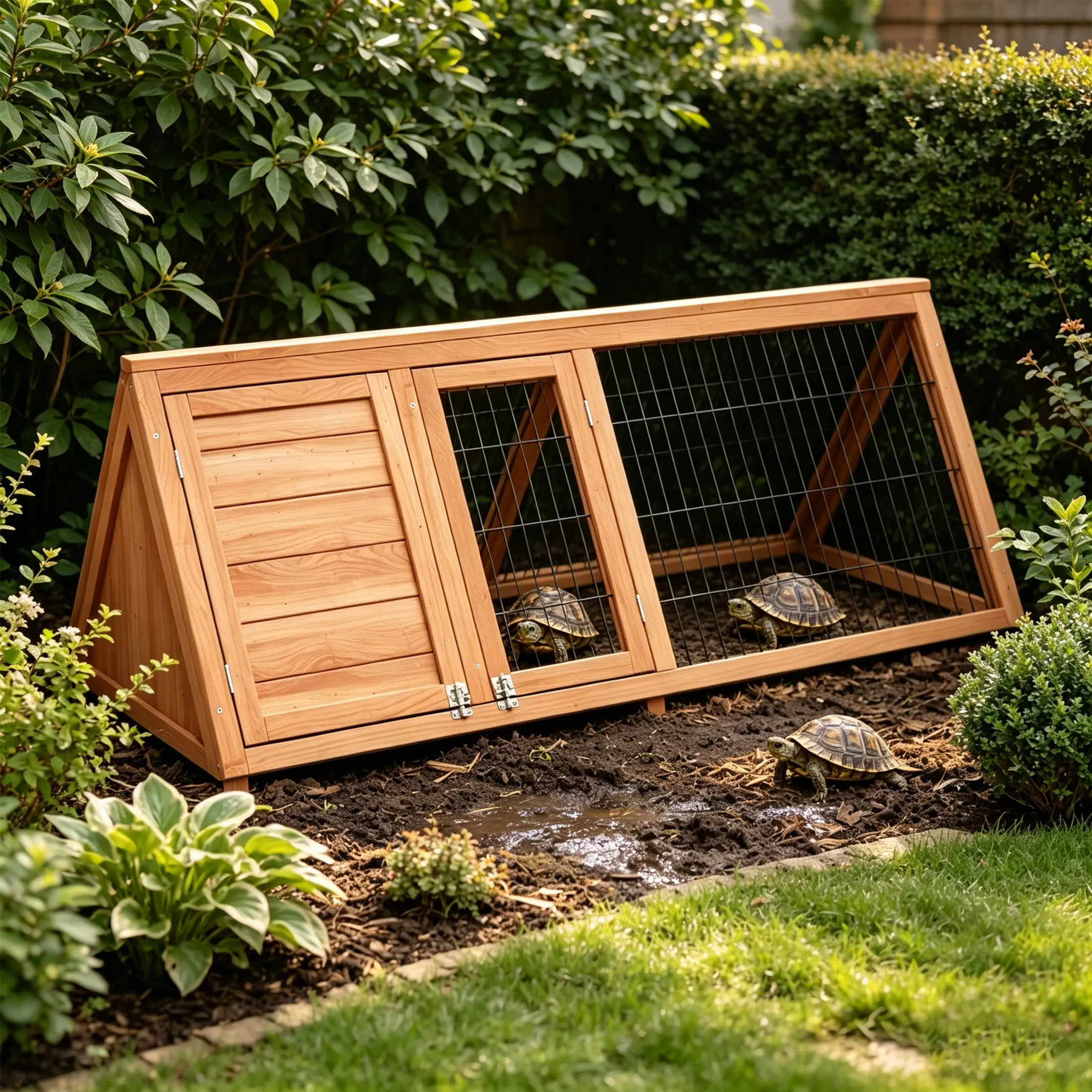 Outdoor Wooden Small A-Frame Turtle Cage, Humid Land Turtle Enclosure, Reptile House for Small Terrestrial Turtles, Orange