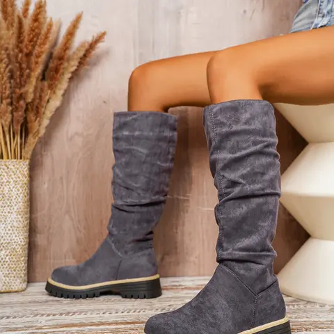 New Women's Pleated Boots, Flat Heel Chunky Sole, Style Long Boots, Vintage Ruched, Outdoor Casual Fashion Boots
